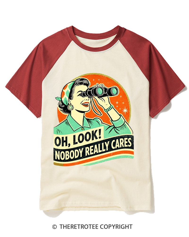 TheRetroTee Nobody Really Cares 1950s Raglan Baseball T-Shirt
