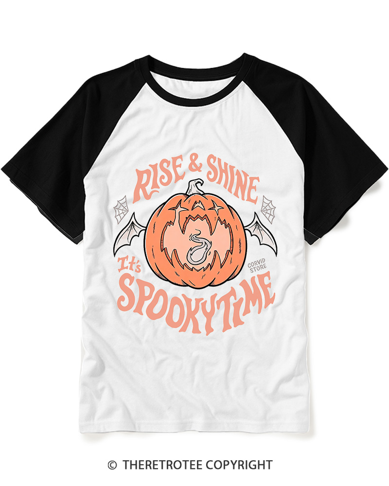 TheRetroTee Rise & Shine It’s Spooky Time 1980s Raglan Baseball T-Shirt