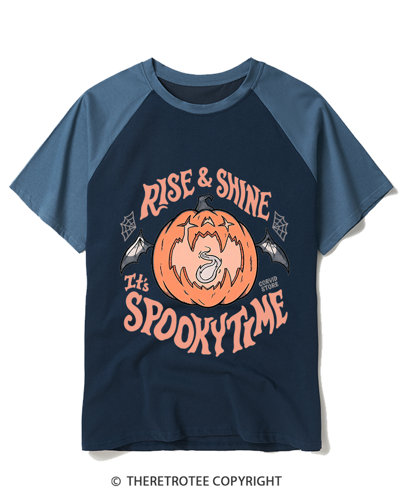 TheRetroTee Rise & Shine It’s Spooky Time 1980s Raglan Baseball T-Shirt