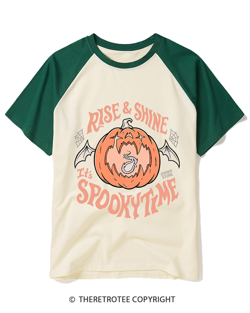TheRetroTee Rise & Shine It’s Spooky Time 1980s Raglan Baseball T-Shirt