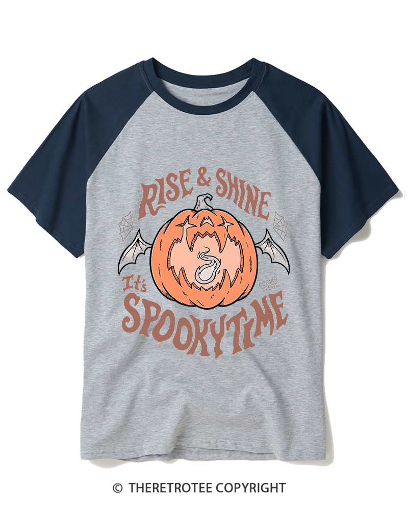 TheRetroTee Rise & Shine It’s Spooky Time 1980s Raglan Baseball T-Shirt