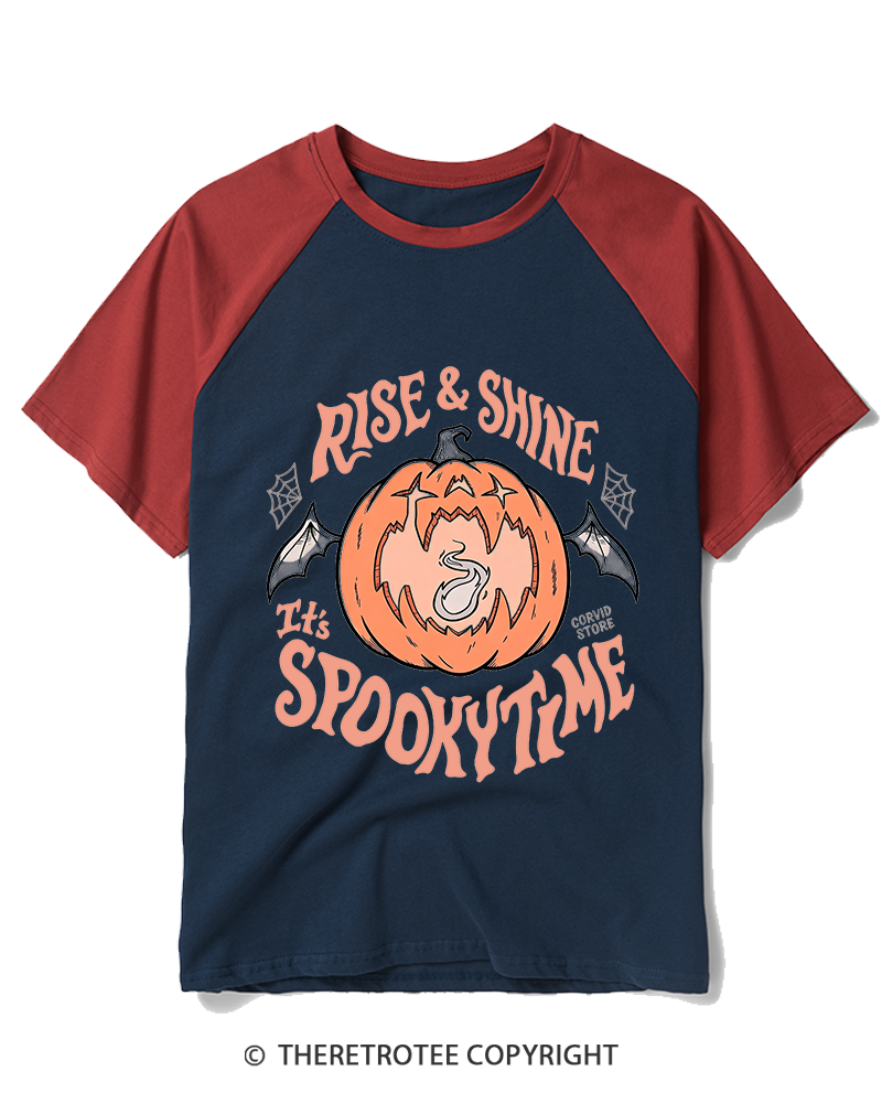 TheRetroTee Rise & Shine It’s Spooky Time 1980s Raglan Baseball T-Shirt