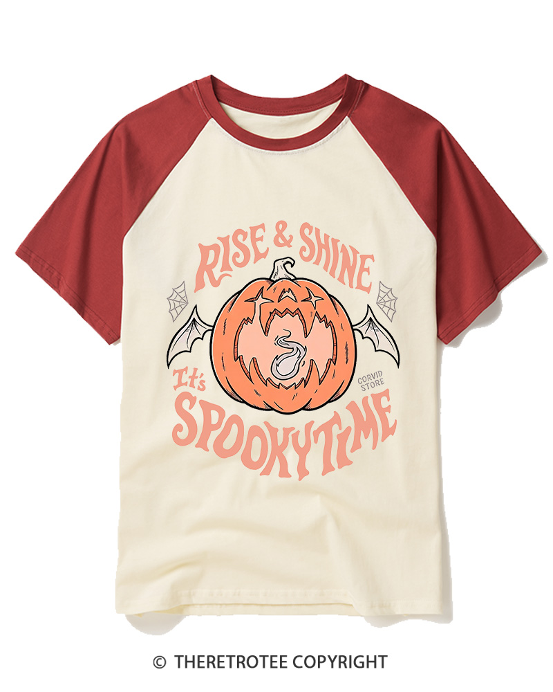 TheRetroTee Rise & Shine It’s Spooky Time 1980s Raglan Baseball T-Shirt