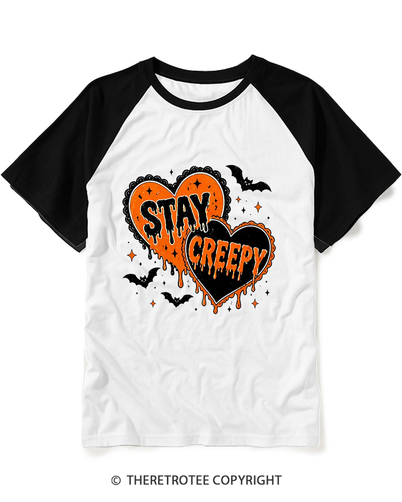 TheRetroTee Stay Creepy 1990s Raglan Baseball T-Shirt