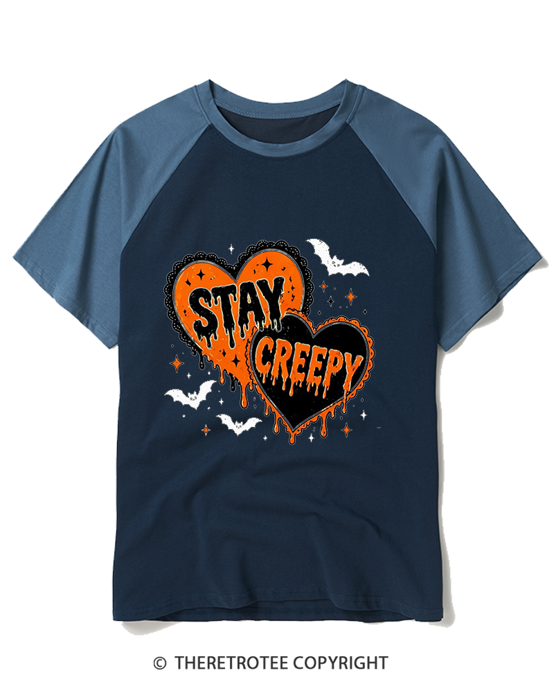 TheRetroTee Stay Creepy 1990s Raglan Baseball T-Shirt