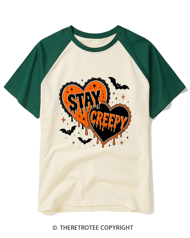 TheRetroTee Stay Creepy 1990s Raglan Baseball T-Shirt