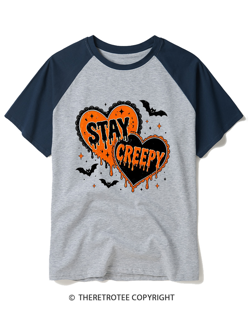 TheRetroTee Stay Creepy 1990s Raglan Baseball T-Shirt
