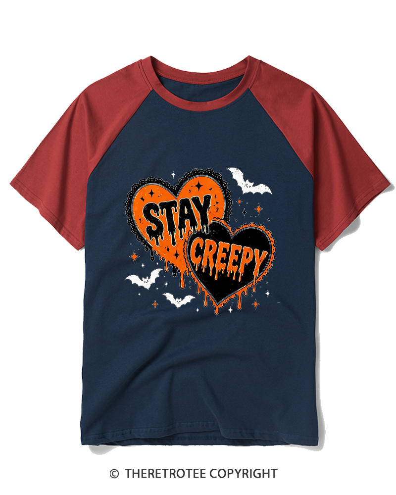 TheRetroTee Stay Creepy 1990s Raglan Baseball T-Shirt