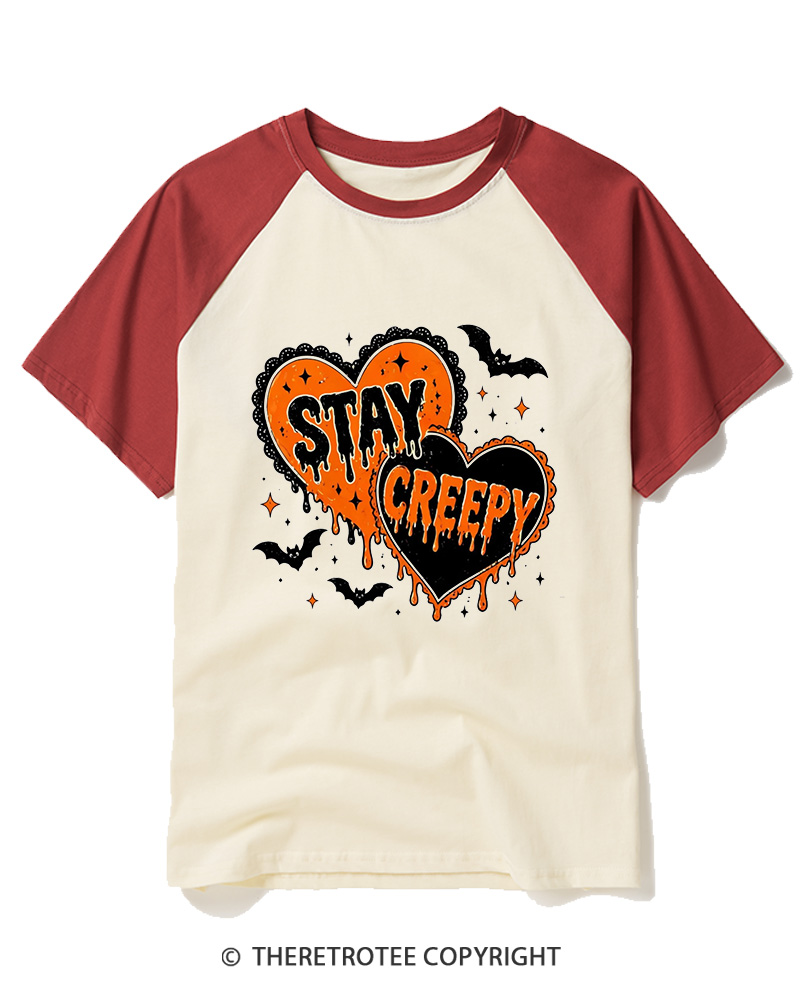 TheRetroTee Stay Creepy 1990s Raglan Baseball T-Shirt
