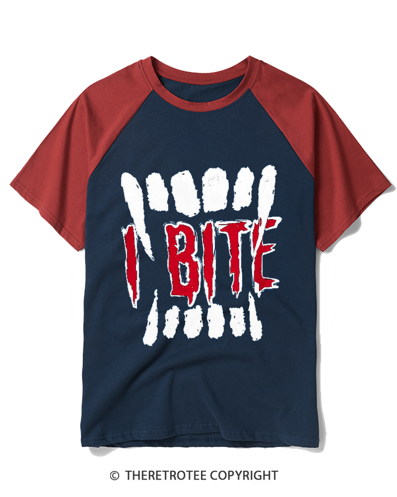 TheRetroTee I Bite 1990s Raglan Baseball T-Shirt