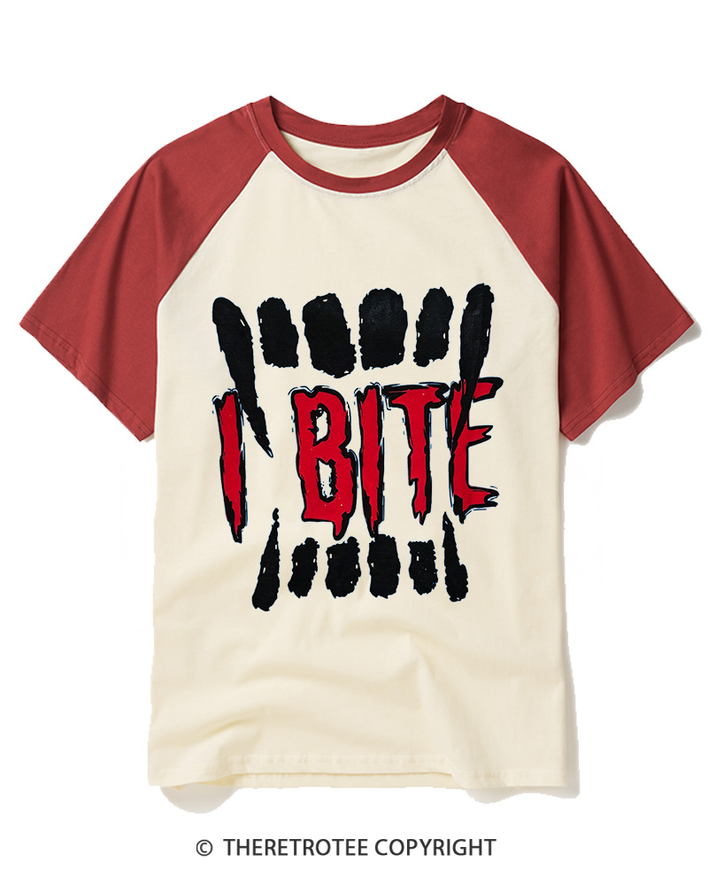 TheRetroTee I Bite 1990s Raglan Baseball T-Shirt