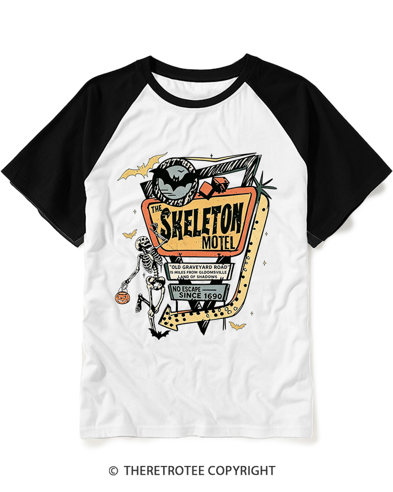 TheRetroTee The Skeleton Motel 1980s Raglan Baseball T-Shirt