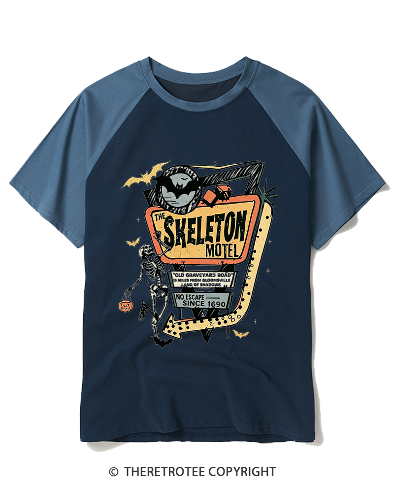 TheRetroTee The Skeleton Motel 1980s Raglan Baseball T-Shirt