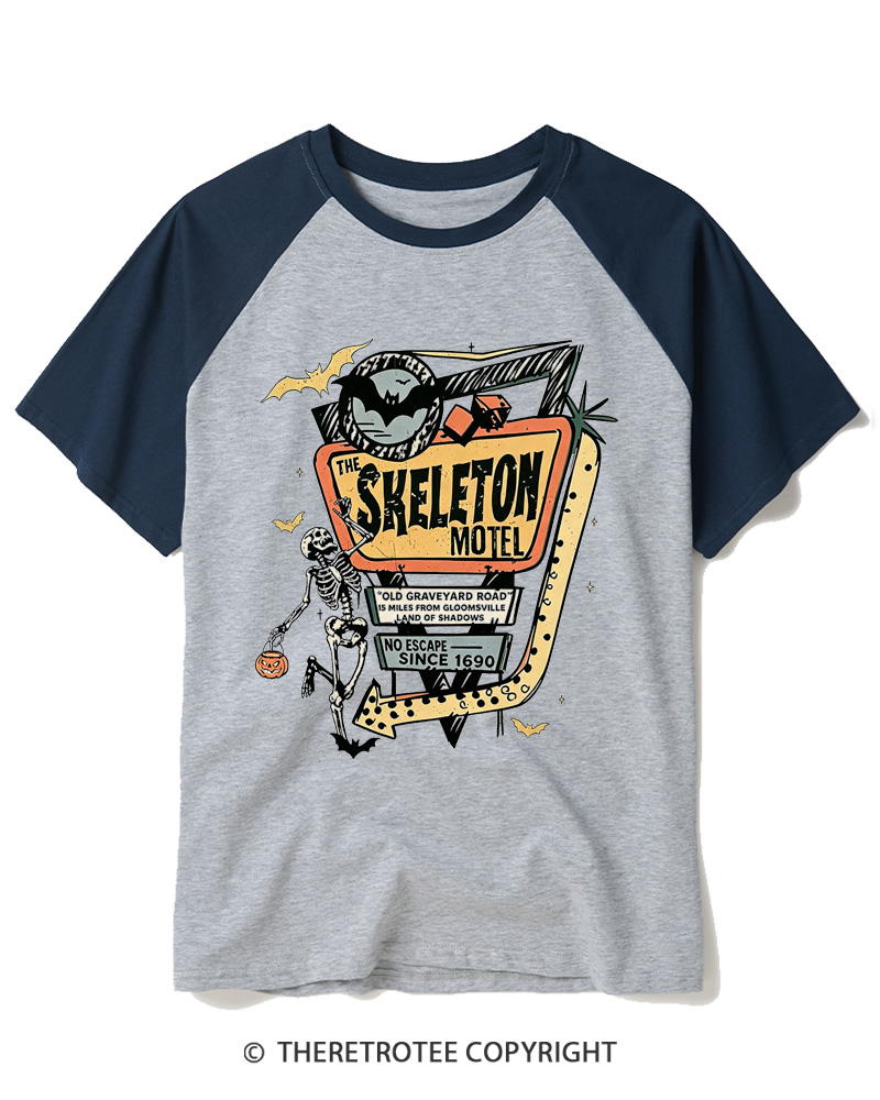TheRetroTee The Skeleton Motel 1980s Raglan Baseball T-Shirt