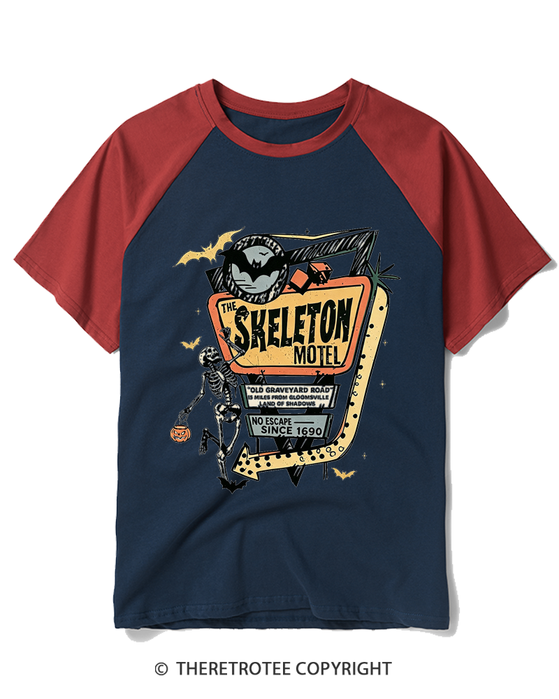 TheRetroTee The Skeleton Motel 1980s Raglan Baseball T-Shirt