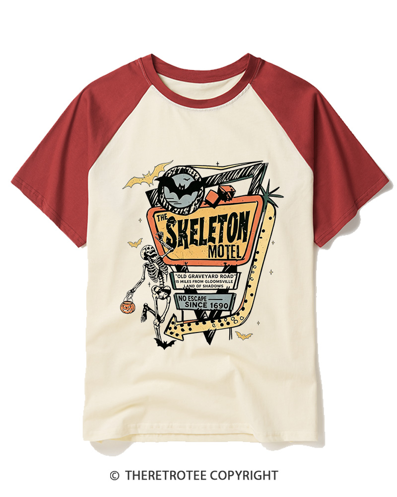 TheRetroTee The Skeleton Motel 1980s Raglan Baseball T-Shirt