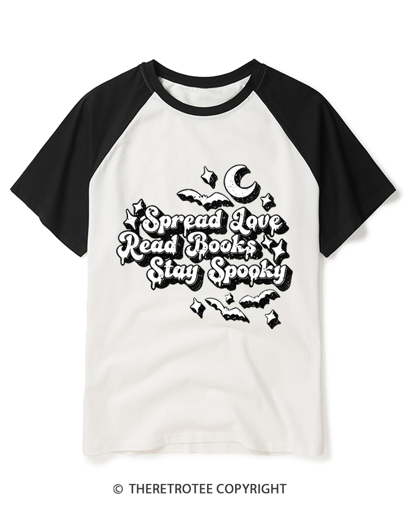 TheRetroTee Spread Love, Read Books, Stay Spooky 1970s Raglan Baseball T-Shirt