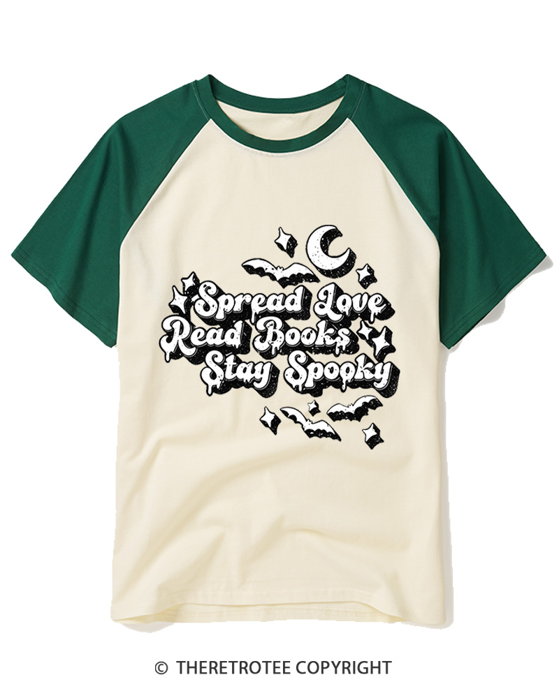 TheRetroTee Spread Love, Read Books, Stay Spooky 1970s Raglan Baseball T-Shirt