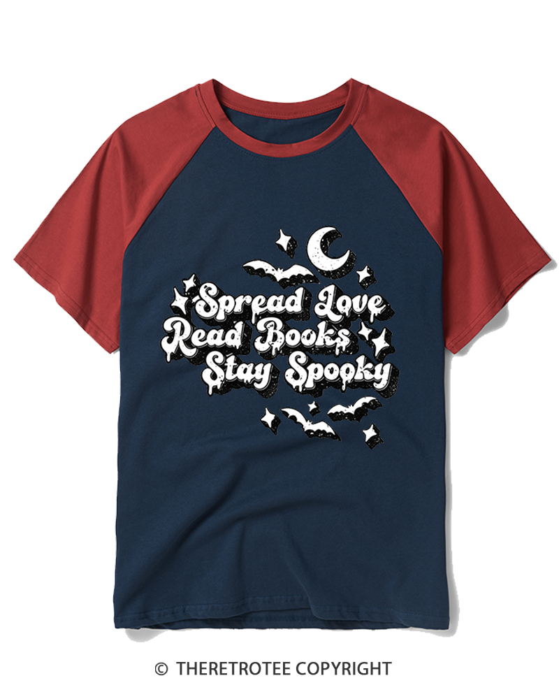 TheRetroTee Spread Love, Read Books, Stay Spooky 1970s Raglan Baseball T-Shirt