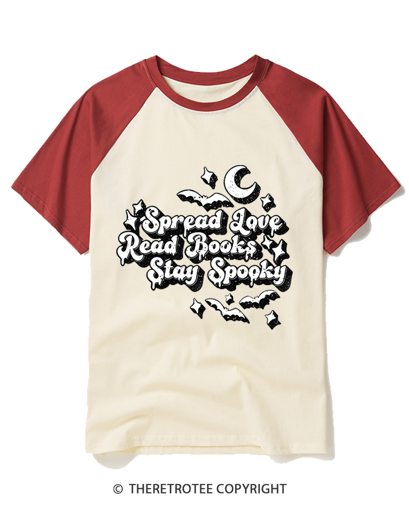 TheRetroTee Spread Love, Read Books, Stay Spooky 1970s Raglan Baseball T-Shirt