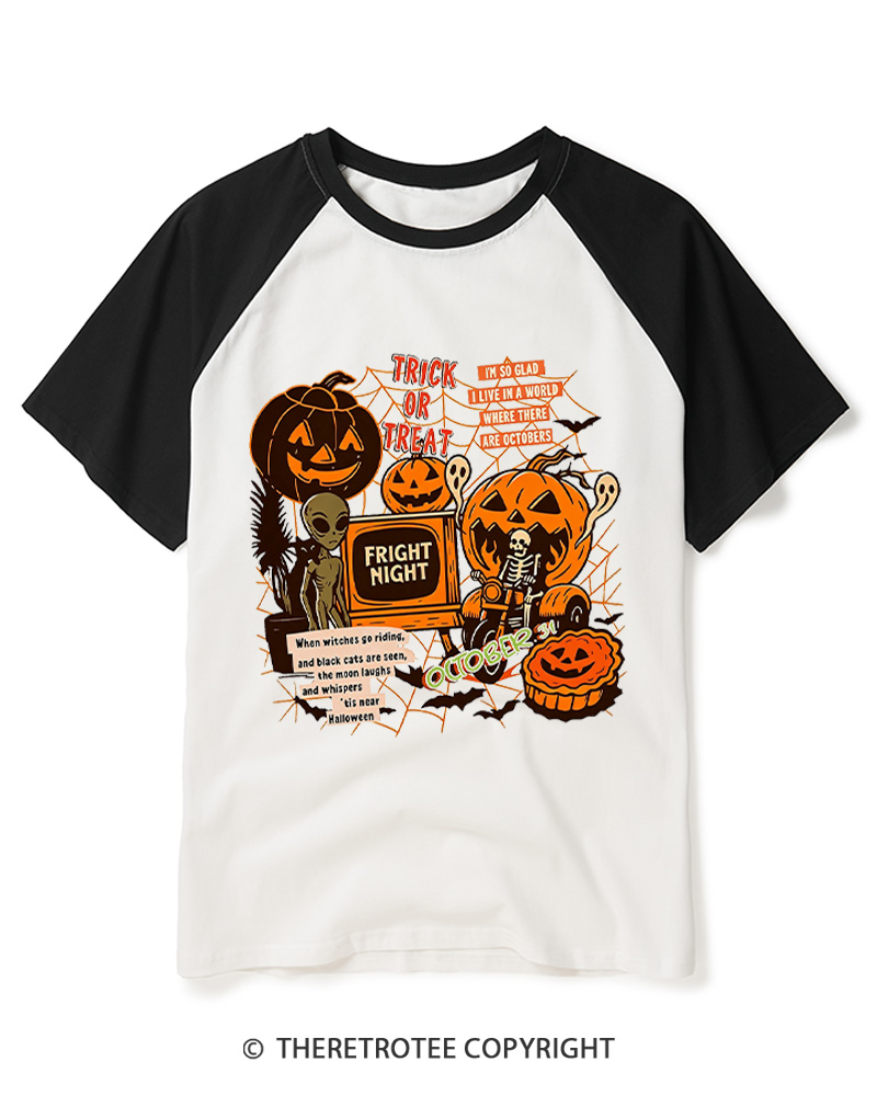 TheRetroTee Trick Or Treat 1980s Raglan Baseball T-Shirt