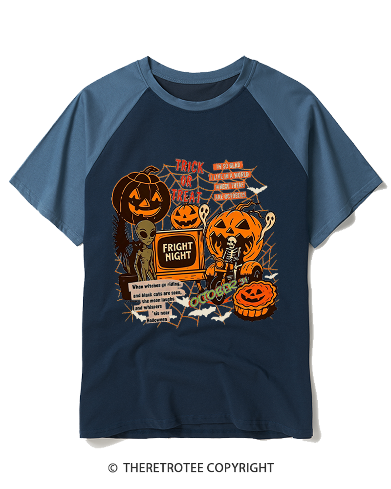 TheRetroTee Trick Or Treat 1980s Raglan Baseball T-Shirt