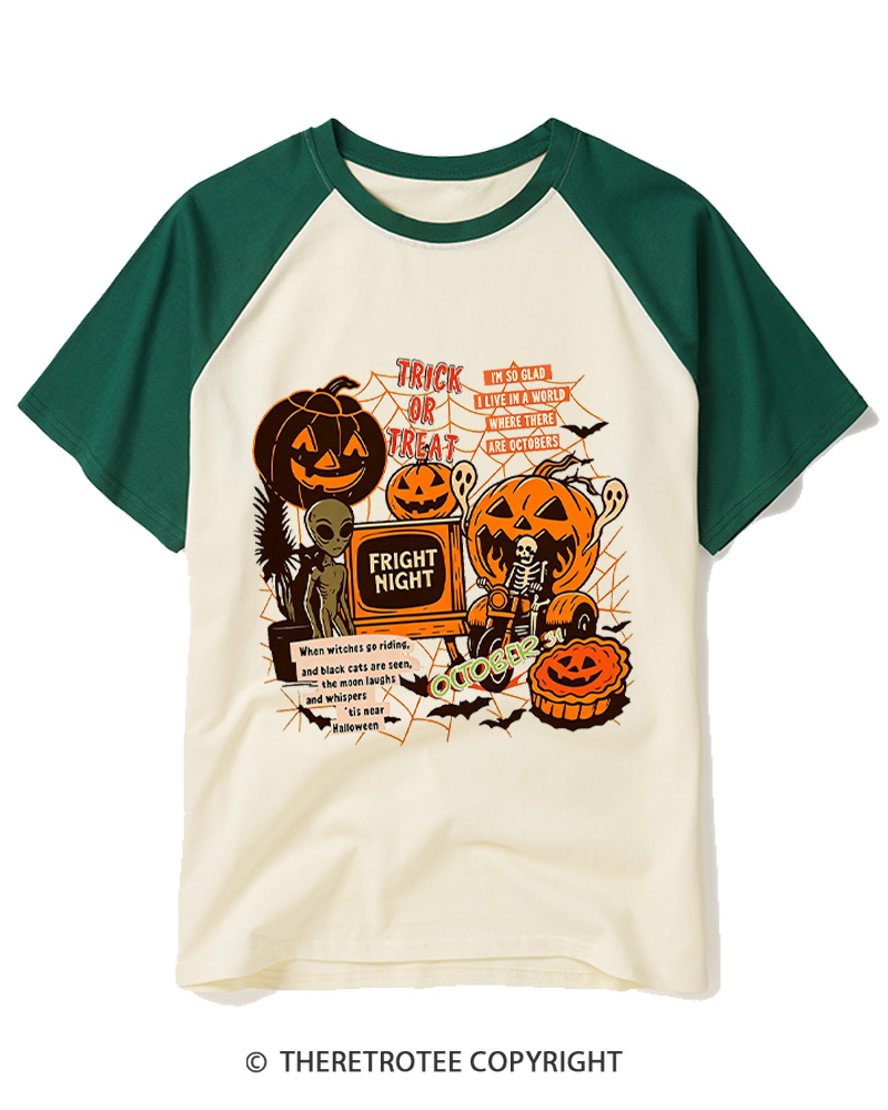 TheRetroTee Trick Or Treat 1980s Raglan Baseball T-Shirt