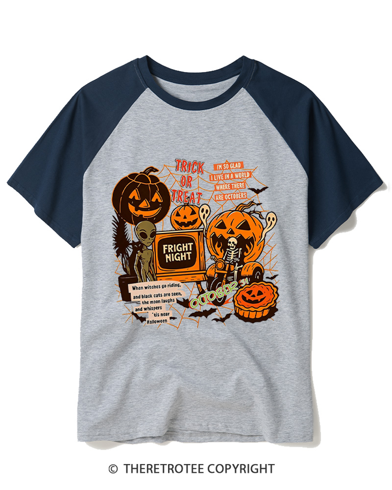 TheRetroTee Trick Or Treat 1980s Raglan Baseball T-Shirt