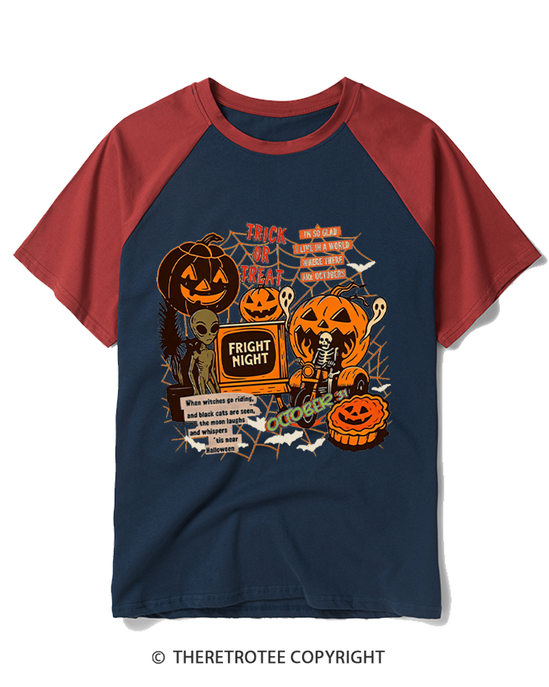TheRetroTee Trick Or Treat 1980s Raglan Baseball T-Shirt