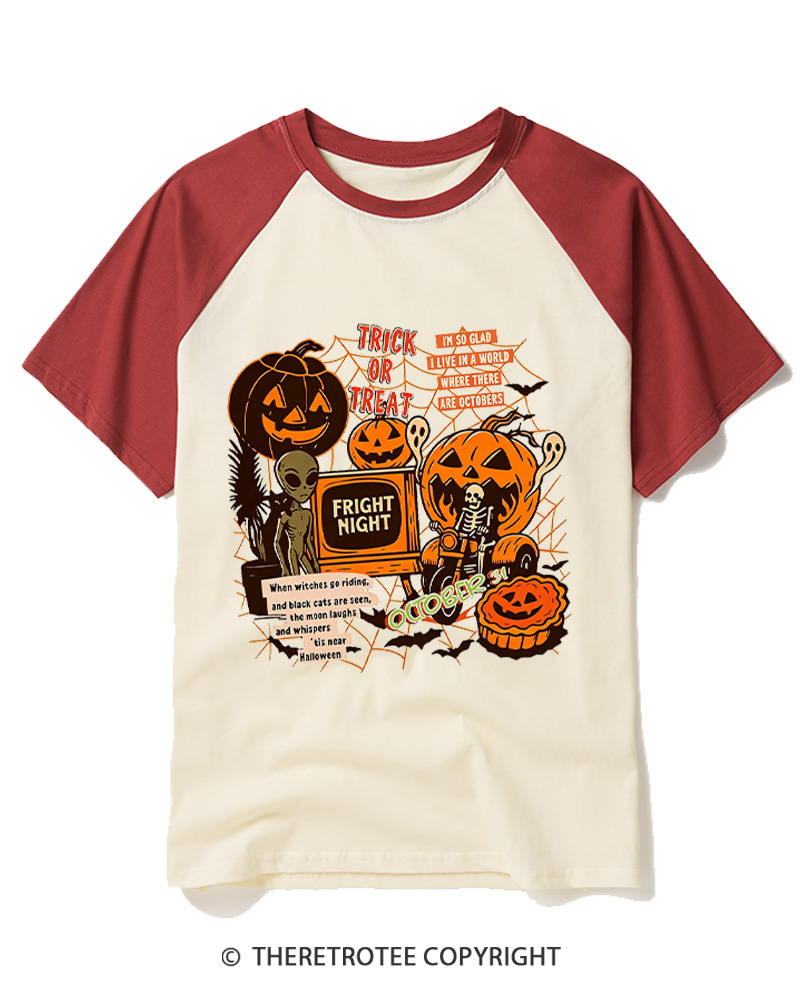 TheRetroTee Trick Or Treat 1980s Raglan Baseball T-Shirt