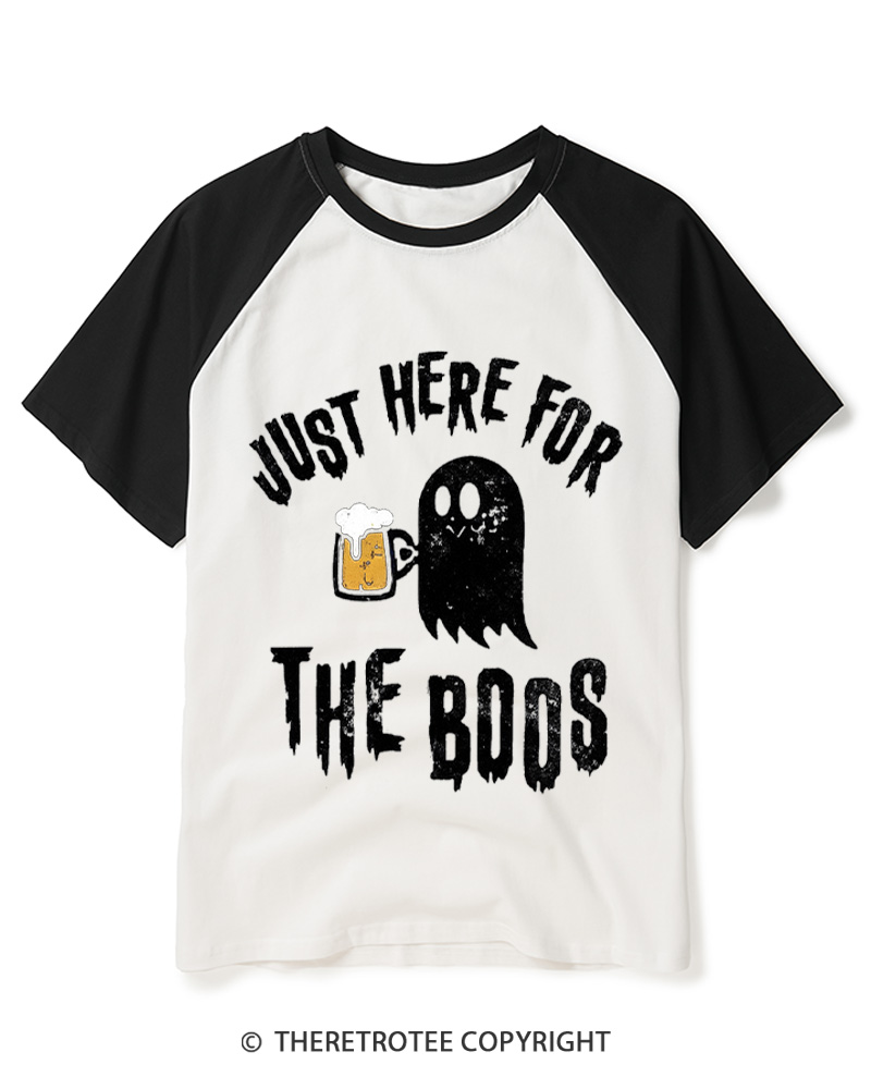 TheRetroTee Just Here For The Boos 1980s Raglan Baseball T-Shirt