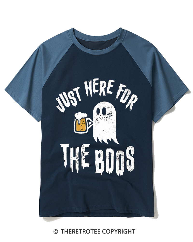 TheRetroTee Just Here For The Boos 1980s Raglan Baseball T-Shirt
