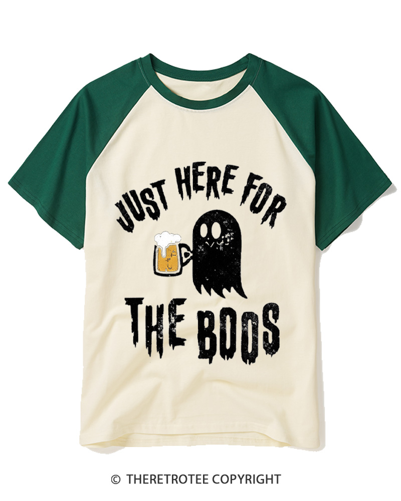 TheRetroTee Just Here For The Boos 1980s Raglan Baseball T-Shirt