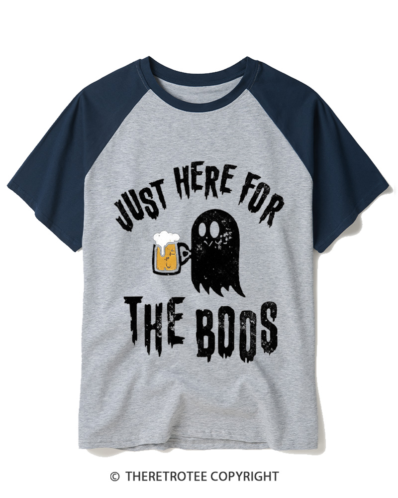 TheRetroTee Just Here For The Boos 1980s Raglan Baseball T-Shirt
