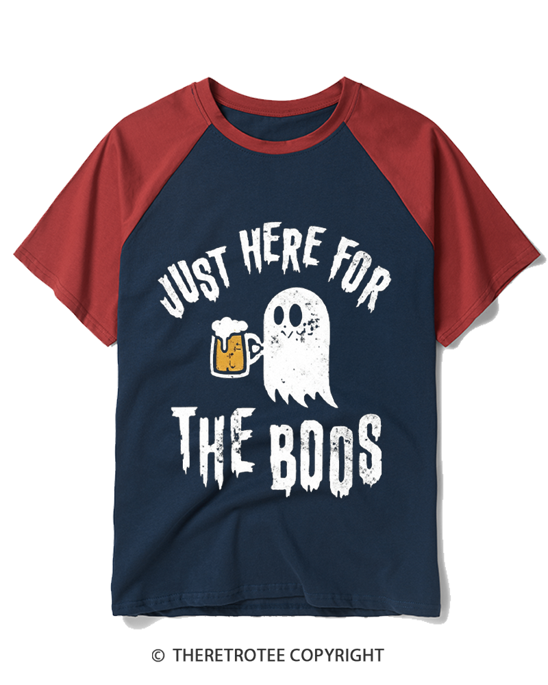 TheRetroTee Just Here For The Boos 1980s Raglan Baseball T-Shirt