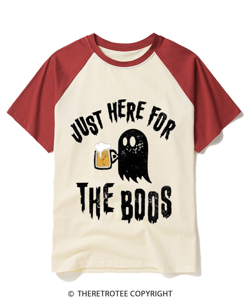 TheRetroTee Just Here For The Boos 1980s Raglan Baseball T-Shirt