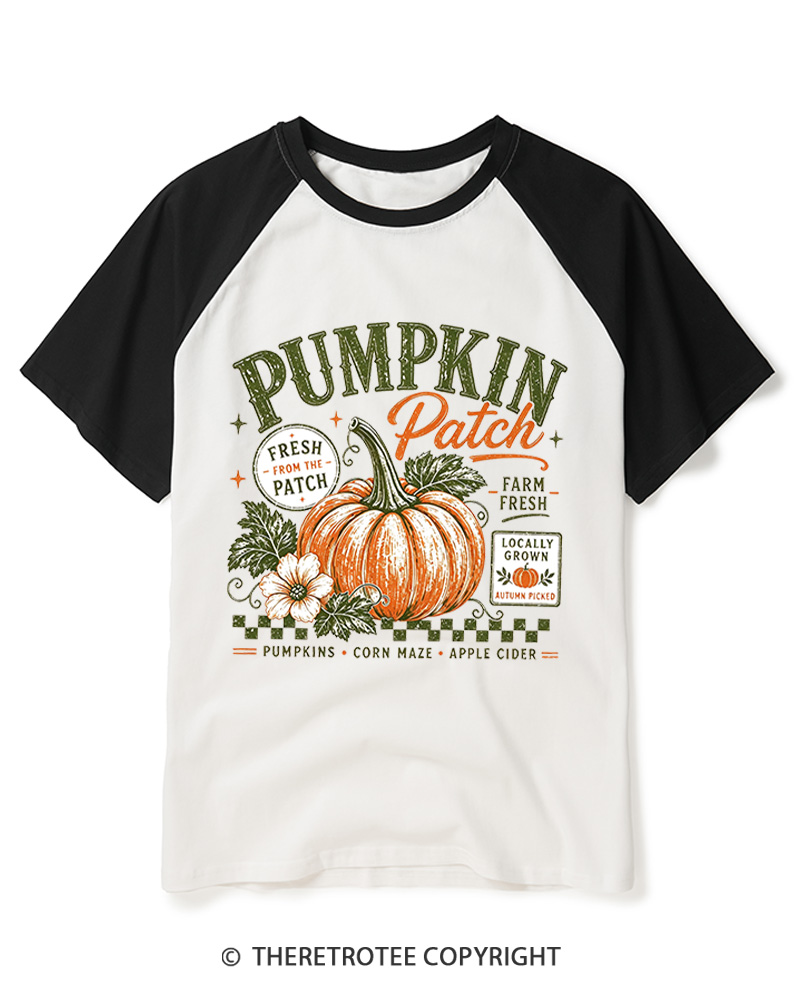 TheRetroTee Pumpkin Patch 1980s Raglan Baseball T-Shirt