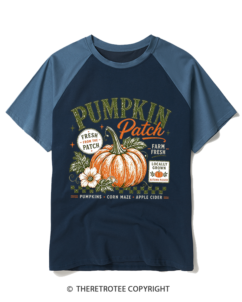 TheRetroTee Pumpkin Patch 1980s Raglan Baseball T-Shirt