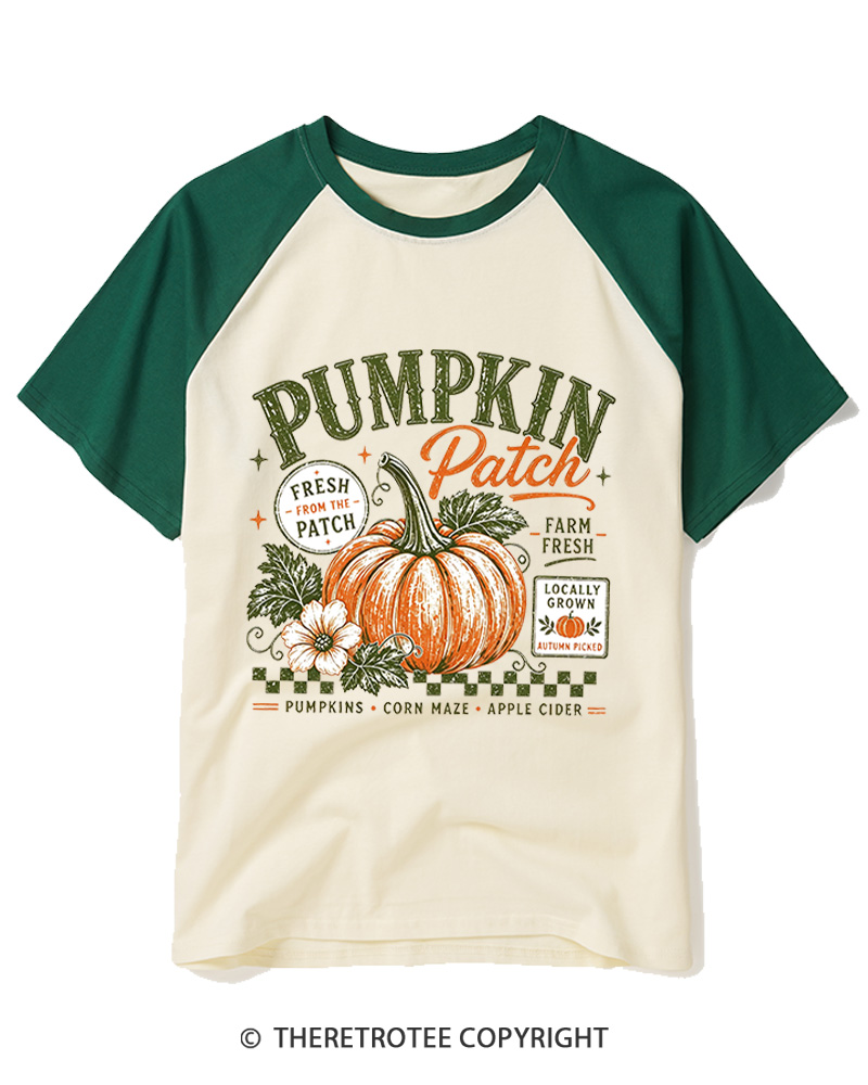 TheRetroTee Pumpkin Patch 1980s Raglan Baseball T-Shirt