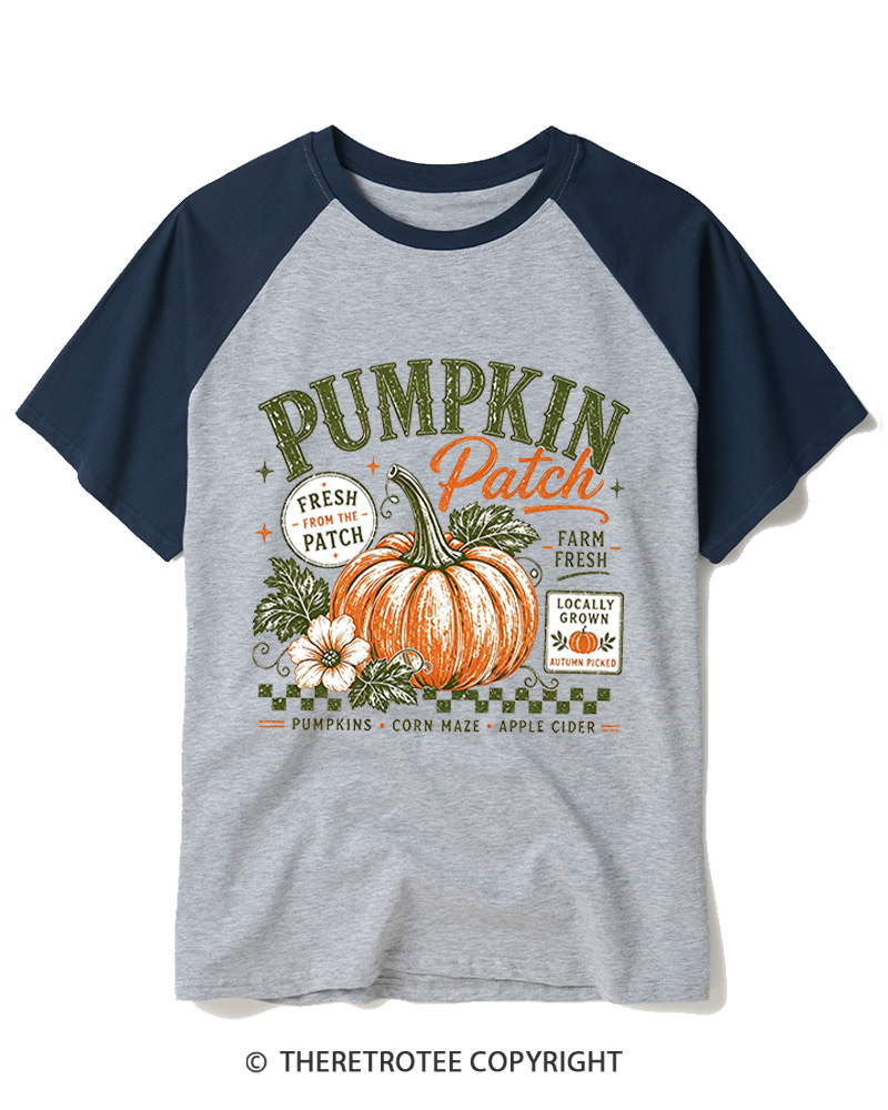 TheRetroTee Pumpkin Patch 1980s Raglan Baseball T-Shirt