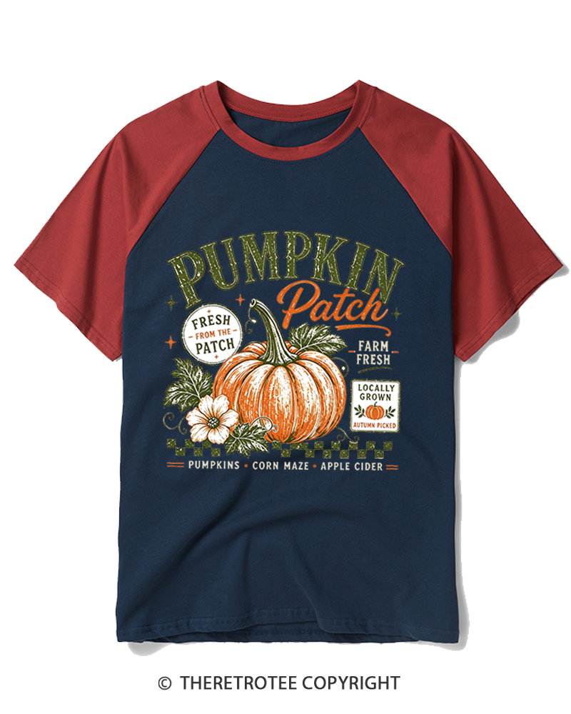 TheRetroTee Pumpkin Patch 1980s Raglan Baseball T-Shirt
