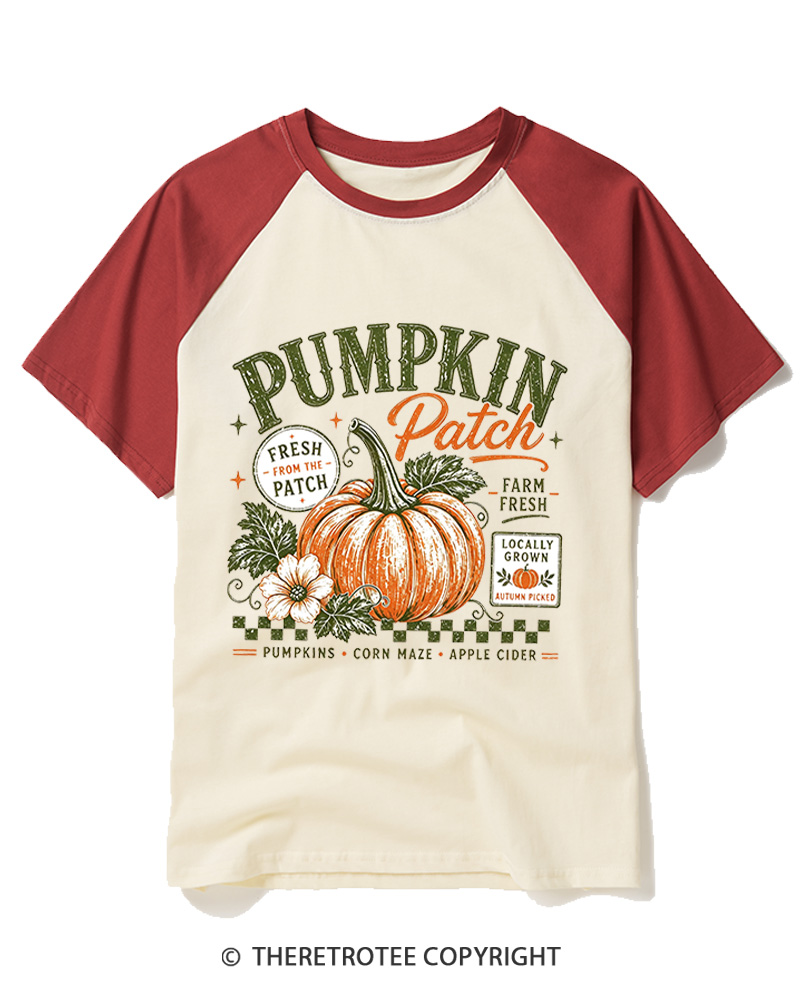 TheRetroTee Pumpkin Patch 1980s Raglan Baseball T-Shirt