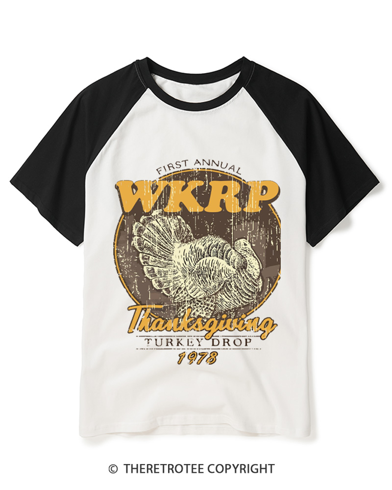 TheRetroTee First Annual WKRP Thanksgiving Turkey Drop 1970s Raglan Baseball T-Shirt