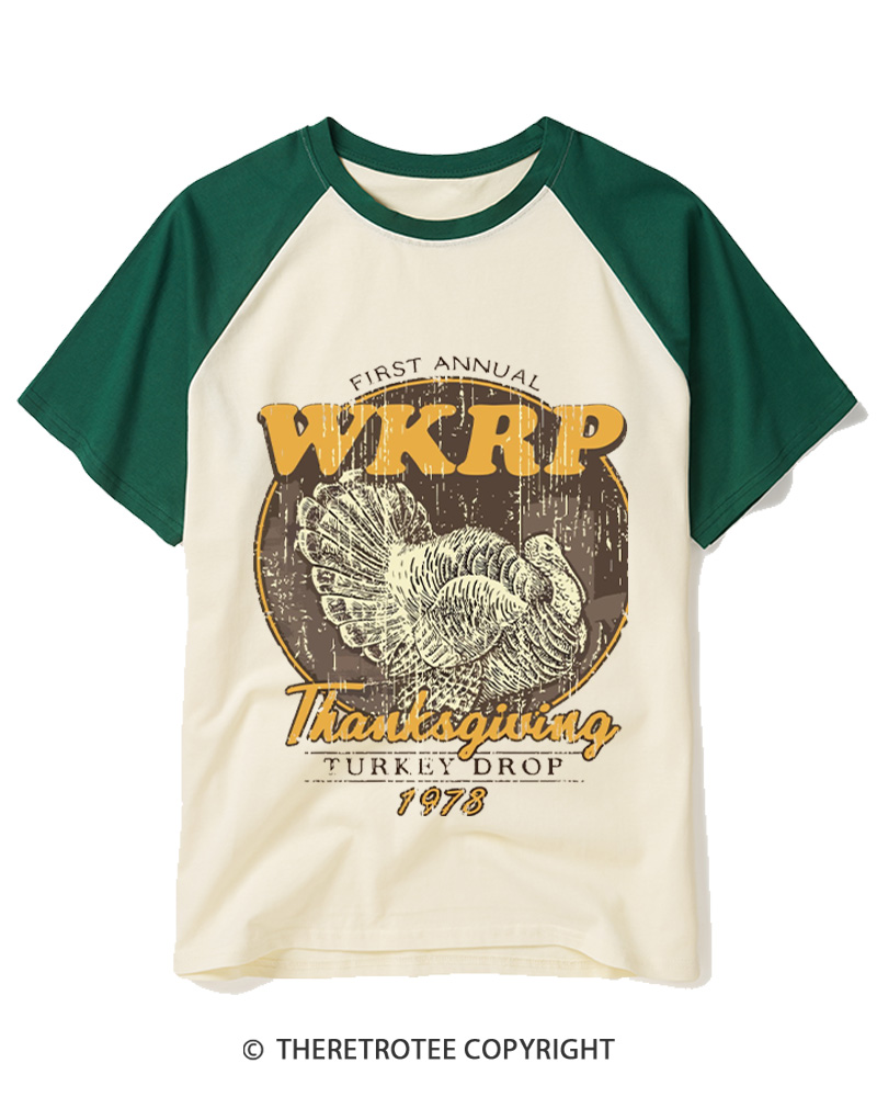 TheRetroTee First Annual WKRP Thanksgiving Turkey Drop 1970s Raglan Baseball T-Shirt
