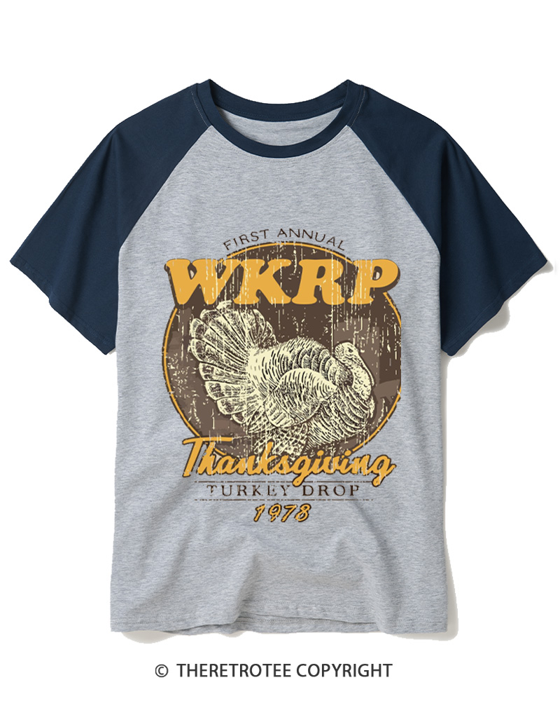 TheRetroTee First Annual WKRP Thanksgiving Turkey Drop 1970s Raglan Baseball T-Shirt