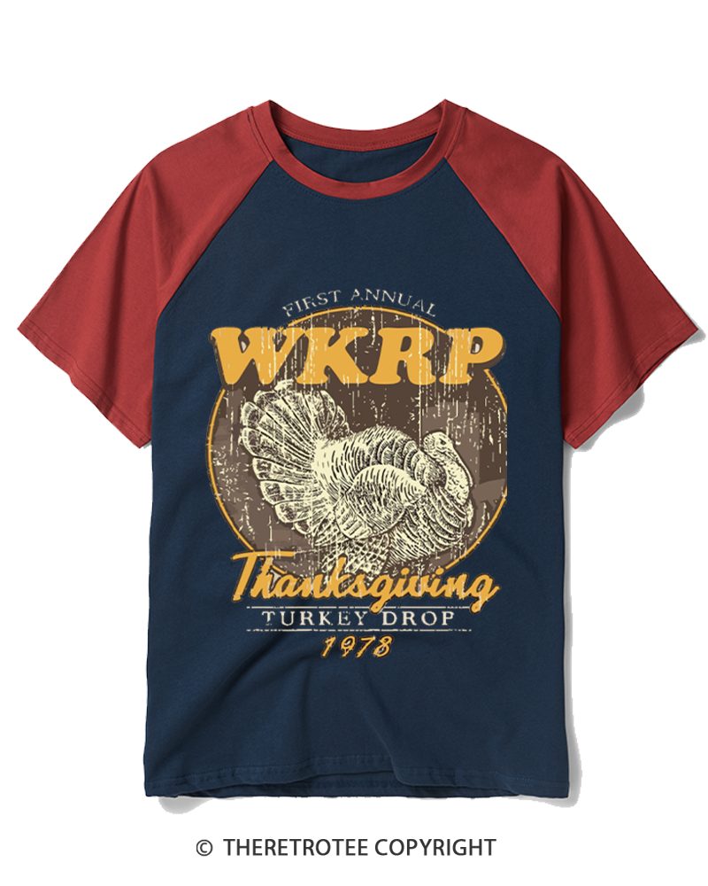 TheRetroTee First Annual WKRP Thanksgiving Turkey Drop 1970s Raglan Baseball T-Shirt