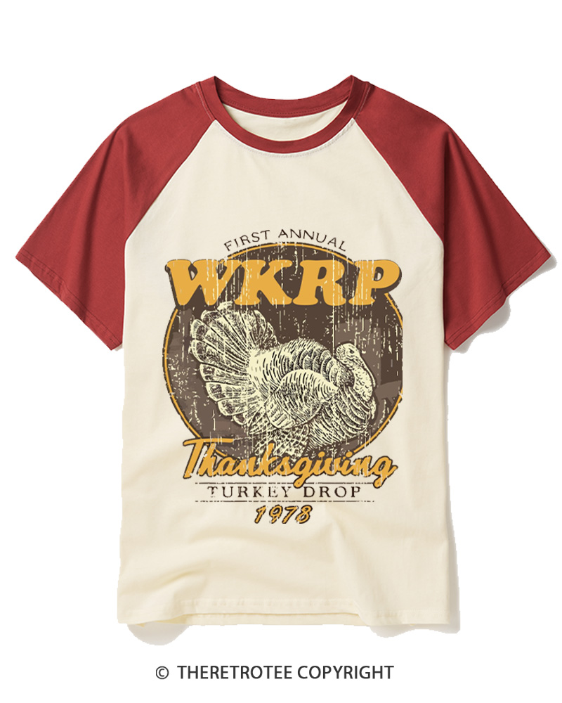 TheRetroTee First Annual WKRP Thanksgiving Turkey Drop 1970s Raglan Baseball T-Shirt