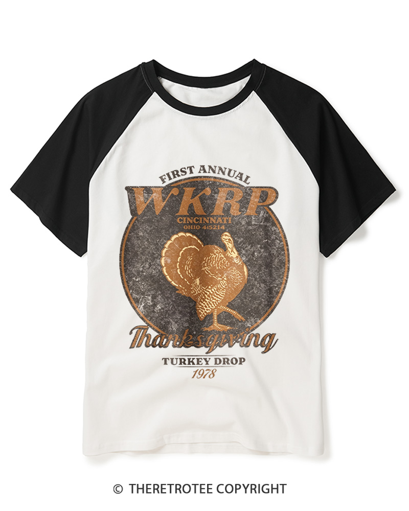 TheRetroTee First Annual WKRP Thanksgiving Turkey Drop 1970s Raglan Baseball T-Shirt