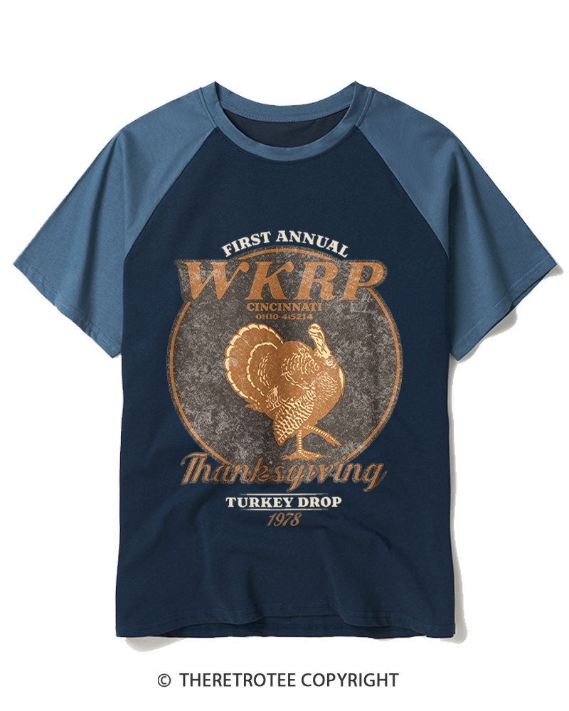 TheRetroTee First Annual WKRP Thanksgiving Turkey Drop 1970s Raglan Baseball T-Shirt