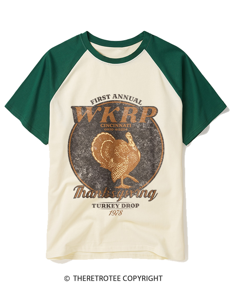 TheRetroTee First Annual WKRP Thanksgiving Turkey Drop 1970s Raglan Baseball T-Shirt